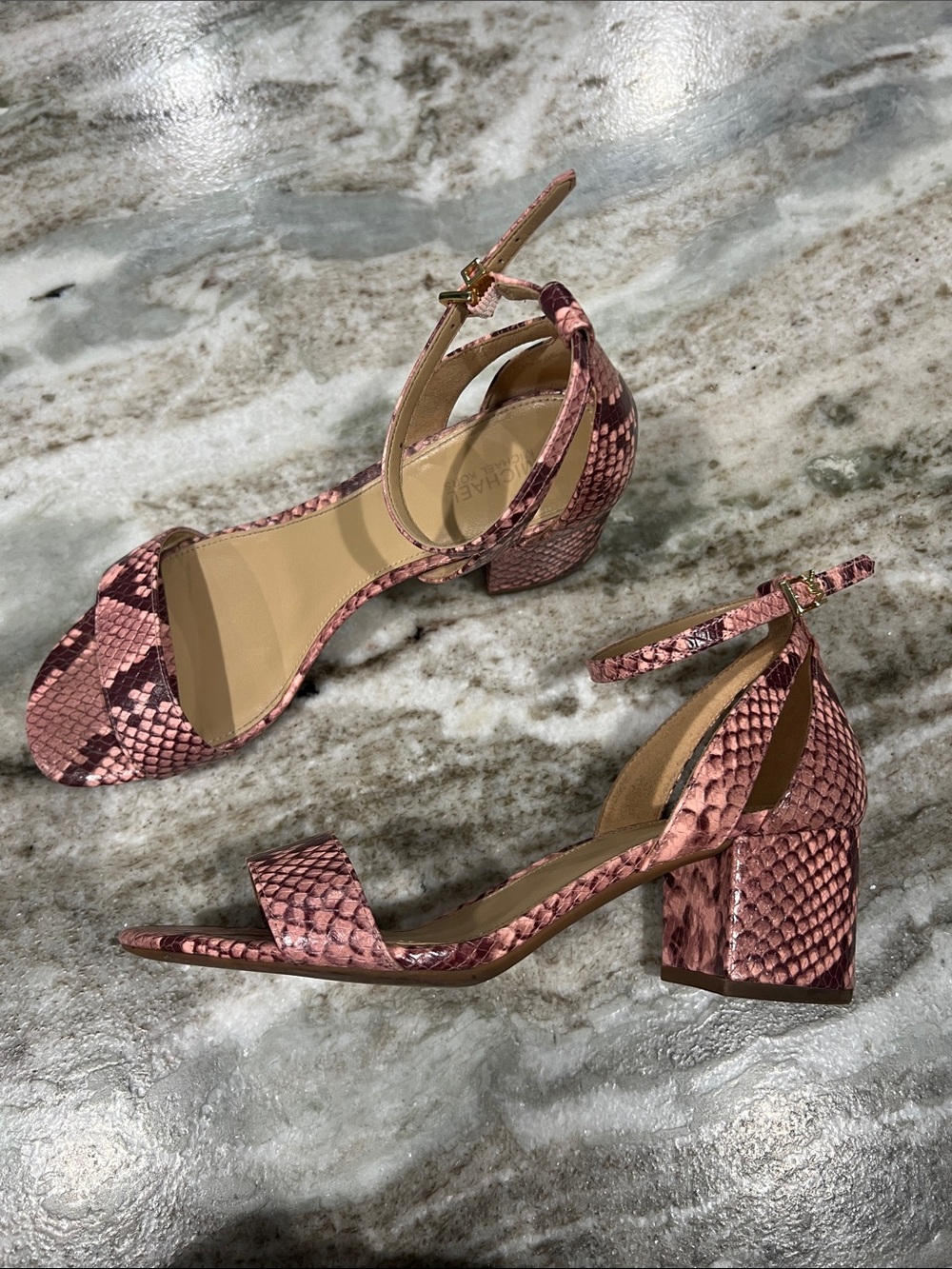 Michael Kors Pink Snake-Print Ankle Strap Heels - Picture 2 of 4